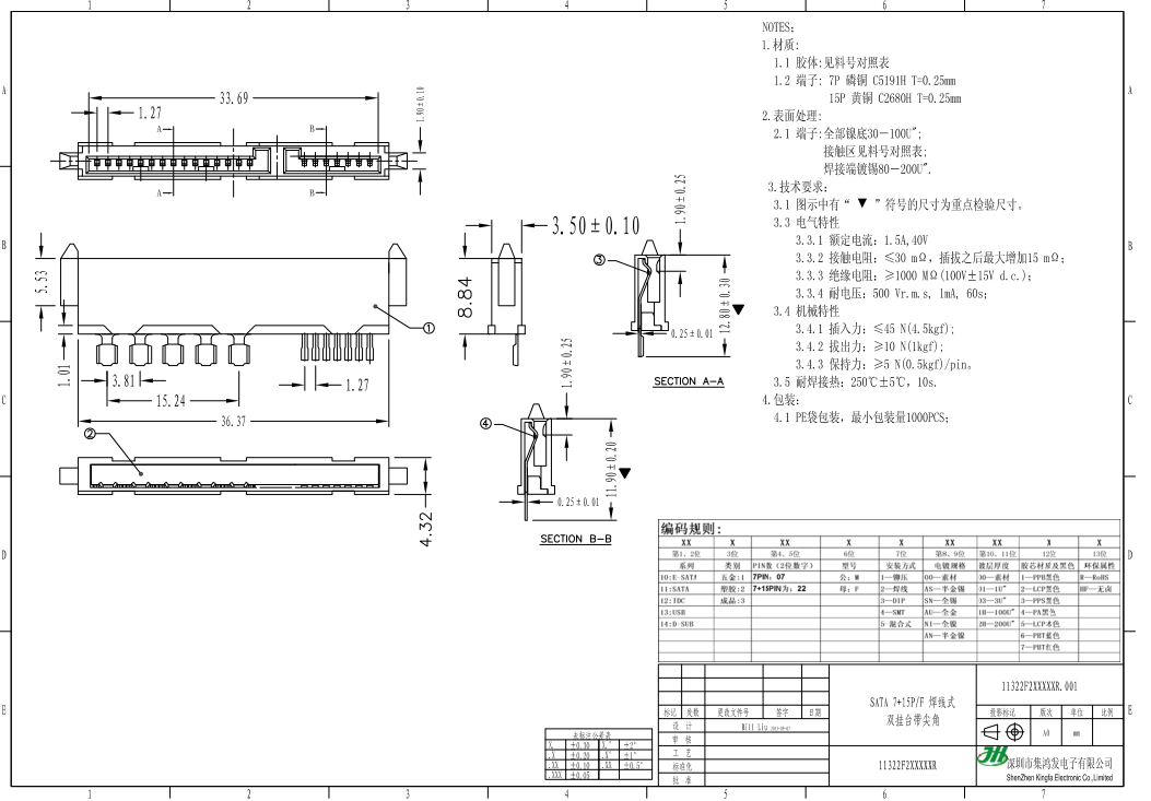 SATA7+15P焊線母頭